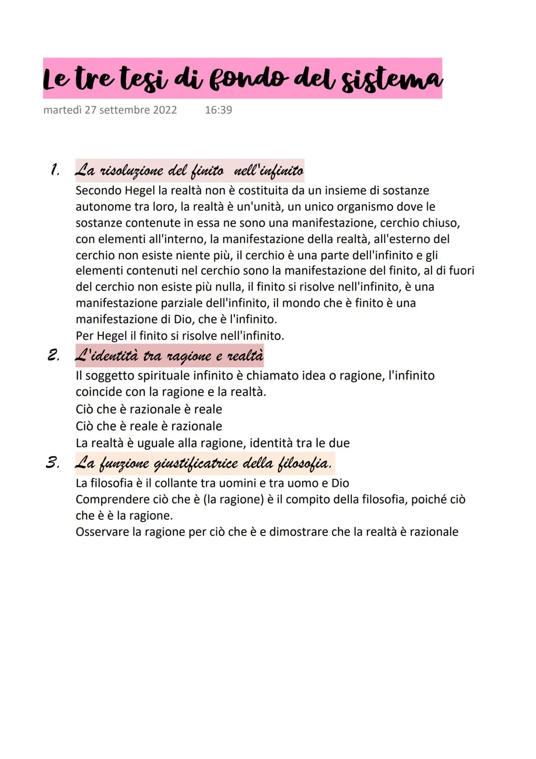 Le tre tesi di fondo del sistema
martedì 27 settembre 2022
1. La risoluzione del finito nell'infinito
Secondo Hegel la realtà non è costitui