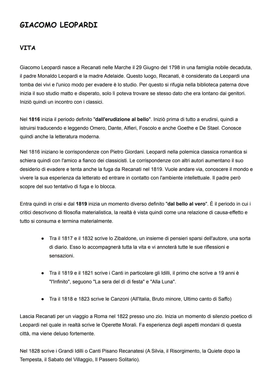
<h2 id="vita"><strong>VITA</strong></h2>
<p>Giacomo Leopardi nasce a Recanati nelle Marche il 29 Giugno del 1798 in una famiglia nobile dec