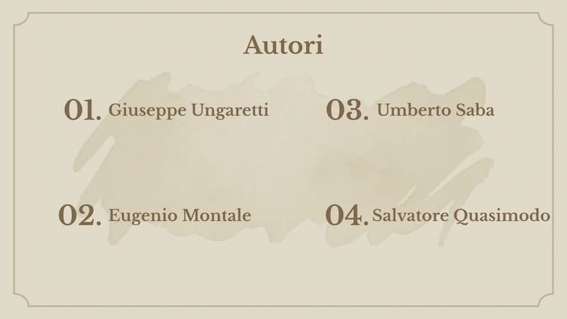 +
+
Letteratura:
vita, opere e
pensiero Autori
01. Giuseppe Ungaretti
02. Eugenio Montale
03. Umberto Saba
04. Salvatore Quasimodo 01
Giusep