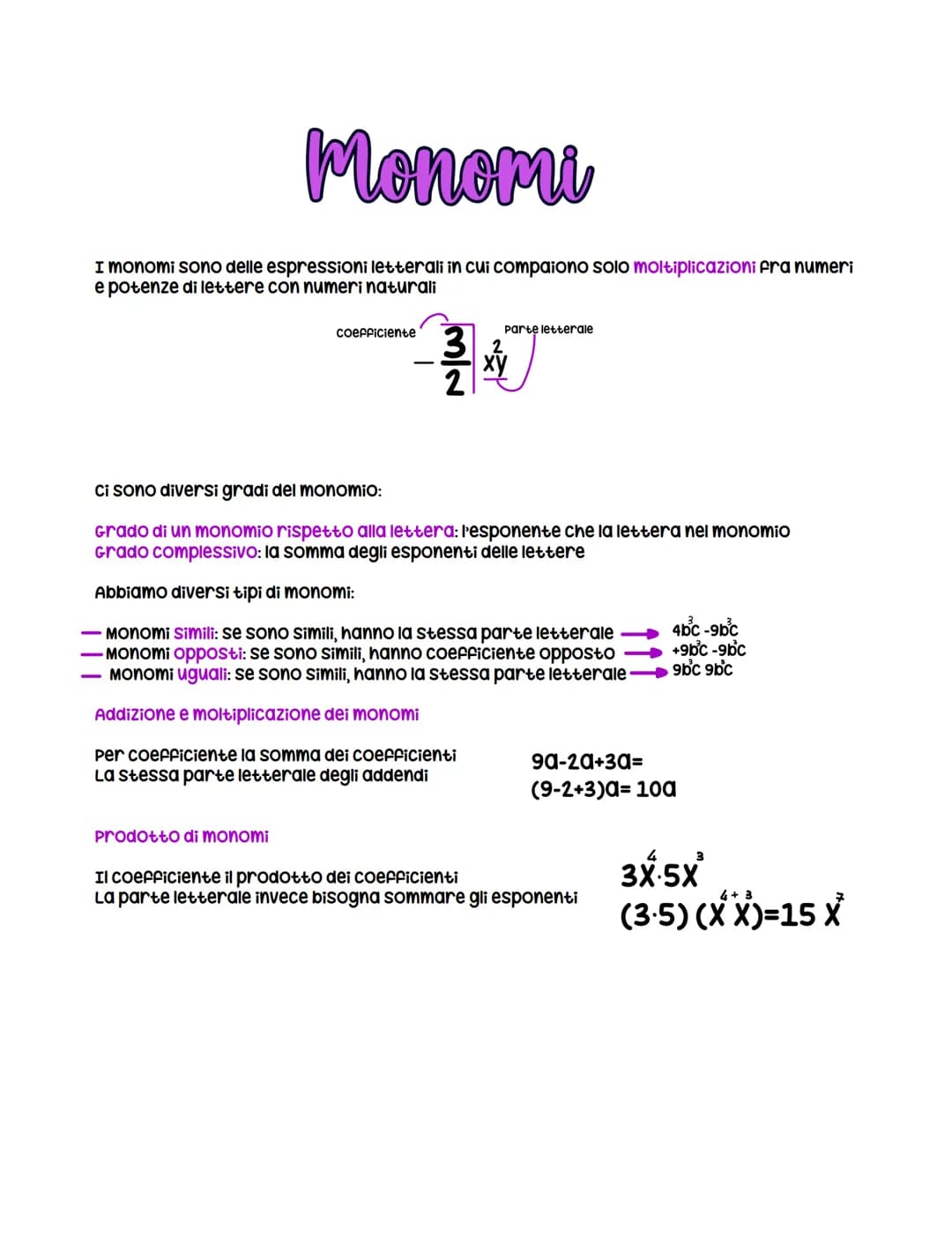 Monomi
I monomi sono delle espressioni letterali in cui compaiono solo moltiplicazioni fra numeri
e potenze di lettere con numeri naturali
p