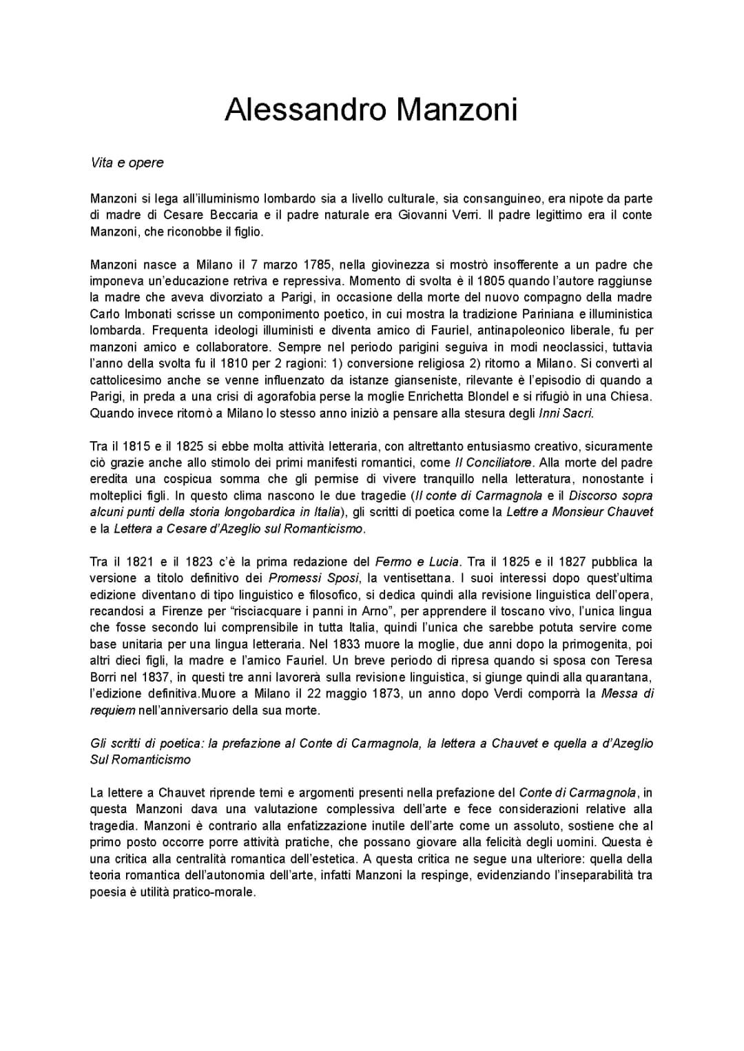 Alessandro Manzoni: Vita e Opere - Riassunto Breve