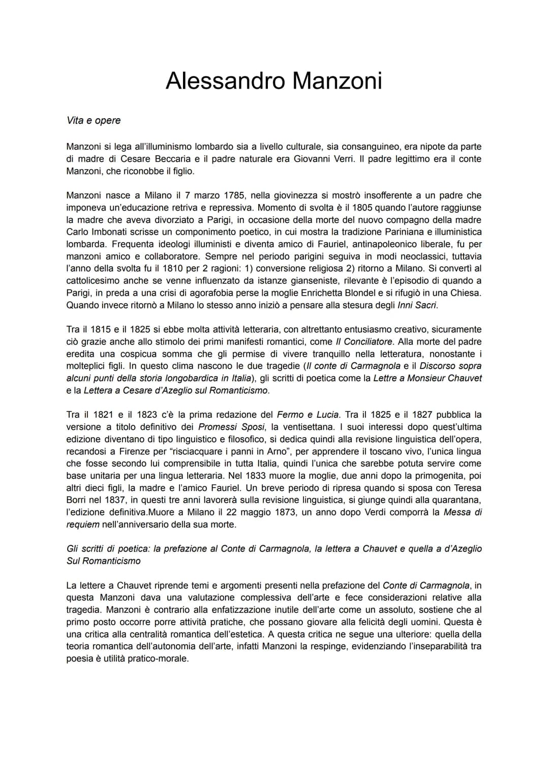 Alessandro Manzoni
Vita e opere
Manzoni si lega all'illuminismo lombardo sia a livello culturale, sia consanguineo, era nipote da parte
di m