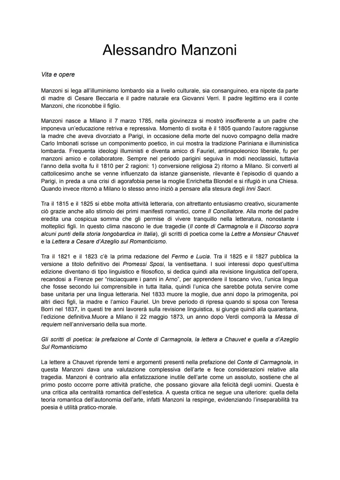 Alessandro Manzoni
Vita e opere
Manzoni si lega all'illuminismo lombardo sia a livello culturale, sia consanguineo, era nipote da parte
di m