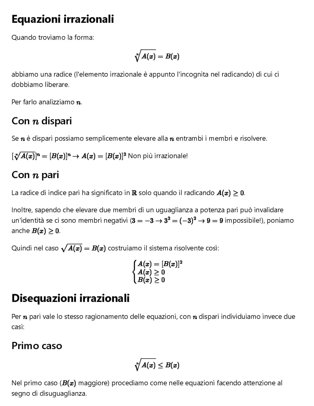 Equazioni e disequazioni irrazionali
