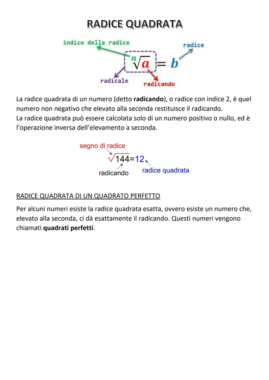 RADICE QUADRATA
indice della radice
radicale
√√a =
segno di radice
b
radicando
La radice quadrata di un numero (detto radicando), o radice c