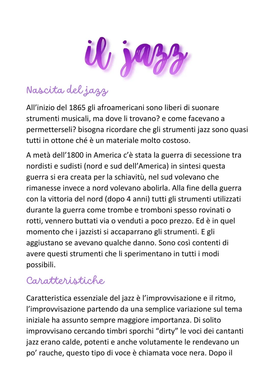 il jazz
Nascita del jazz
All'inizio del 1865 gli afroamericani sono liberi di suonare
strumenti musicali, ma dove li trovano? e come facevan