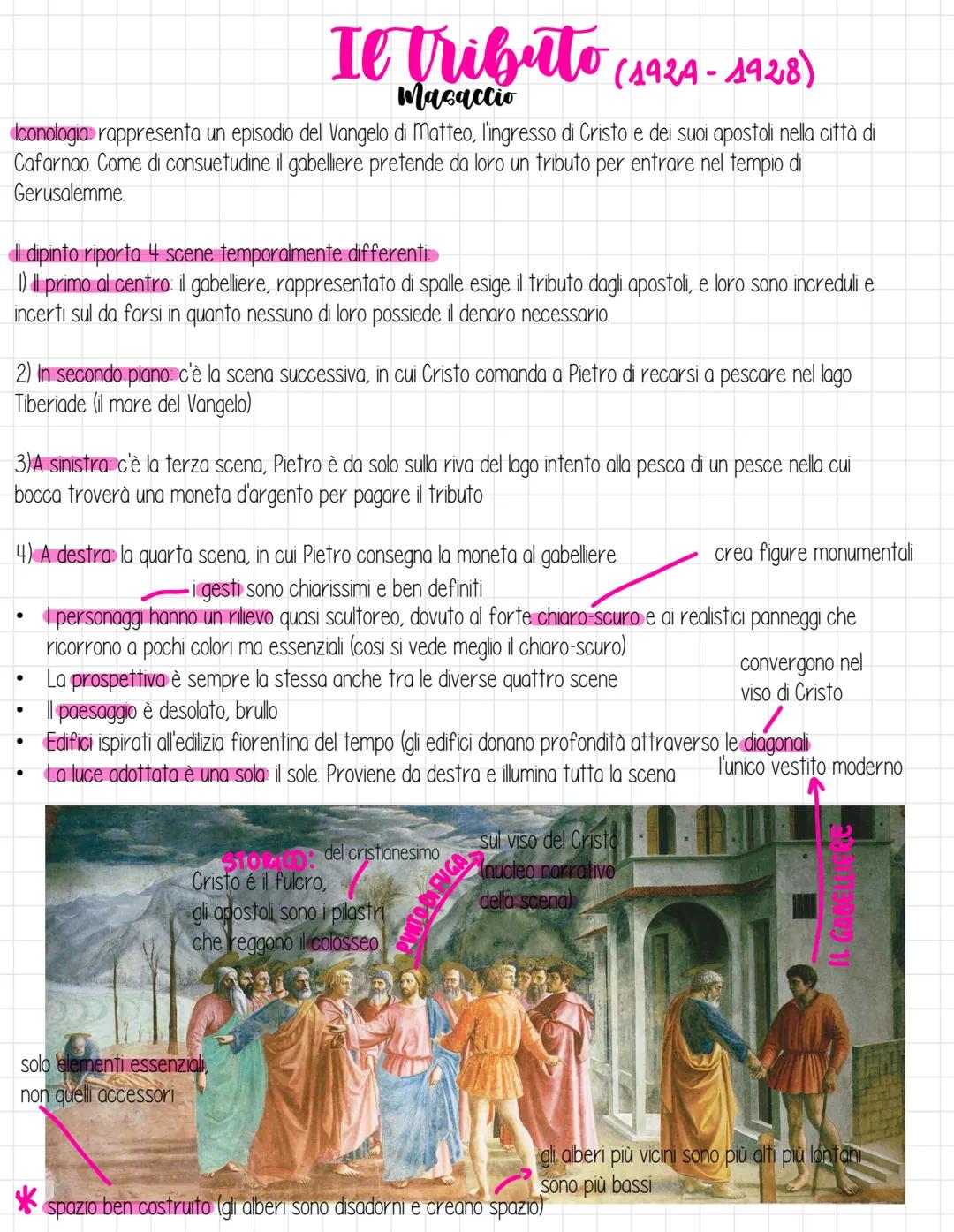 Masaccio
nasce nel 1401 ma vive poco (1428, Roma) muore a soli 27 anni
-Brunelleschi aveva collaborato con lui, gli aveva insegnato la prosp