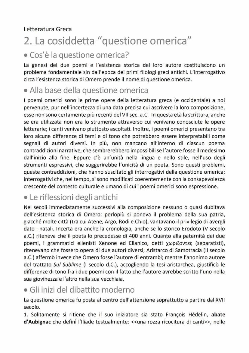 Letteratura Greca
Omero
1. Iliade e Odissea: ciò che resta dell'epica
arcaica
Fra i numerosi canti che la civiltà greca dell'età arcaica dov
