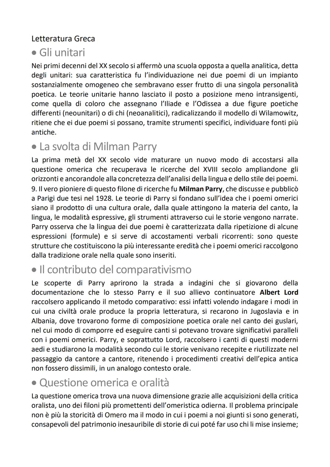 Letteratura Greca
Omero
1. Iliade e Odissea: ciò che resta dell'epica
arcaica
Fra i numerosi canti che la civiltà greca dell'età arcaica dov