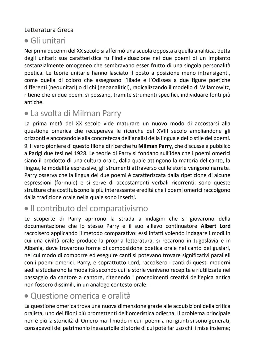 Letteratura Greca
Omero
1. Iliade e Odissea: ciò che resta dell'epica
arcaica
Fra i numerosi canti che la civiltà greca dell'età arcaica dov