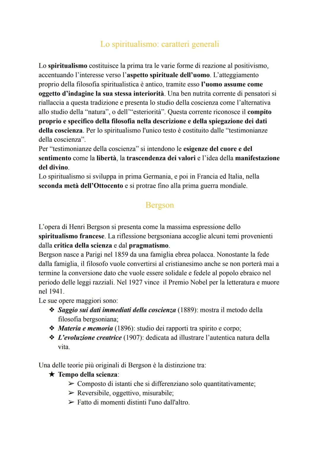 Lo spiritualismo: caratteri generali
Lo spiritualismo costituisce la prima tra le varie forme di reazione al positivismo,
accentuando l'inte