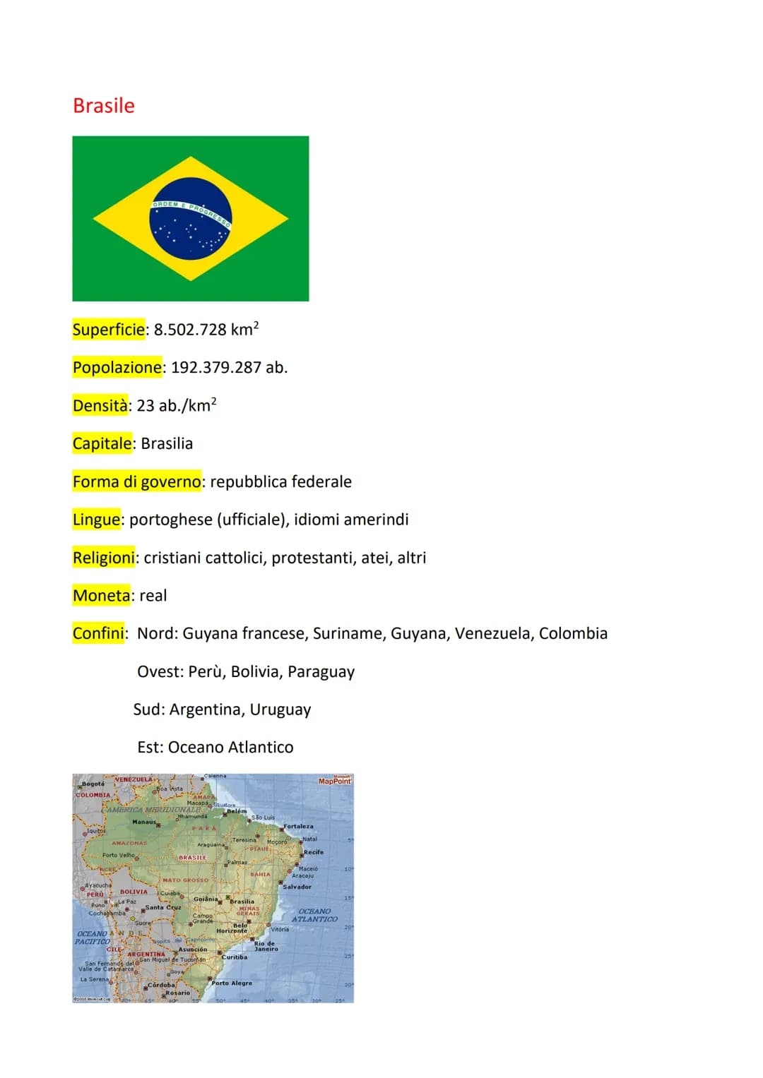 Brasile
Superficie: 8.502.728 km²
Popolazione: 192.379.287 ab.
Densità: 23 ab./km²
Capitale: Brasilia
Forma di governo: repubblica federale
