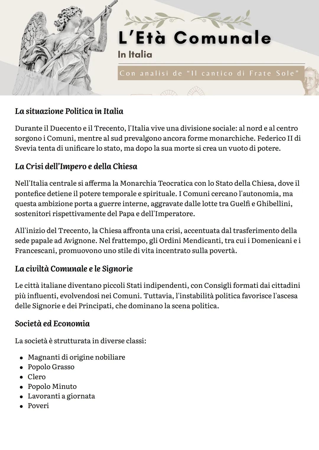 --- OCR Start ---
L'Età Comunale
In Italia
Con analisi de "Il cantico di Frate Sole"
La situazione Politica in Italia
Durante il Duecento e 