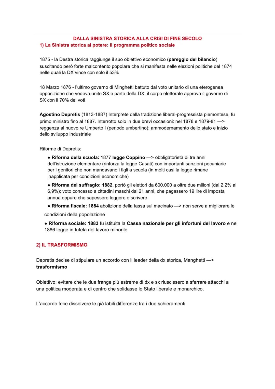 # DALLA SINISTRA STORICA ALLA CRISI DI FINE SECOLO

1) La Sinistra storica al potere: il programma politico sociale

1875-la Destra storica 
