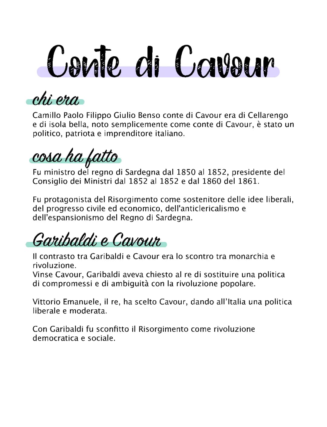 Camillo Benso Conte di Cavour: Riassunto e Curiosità