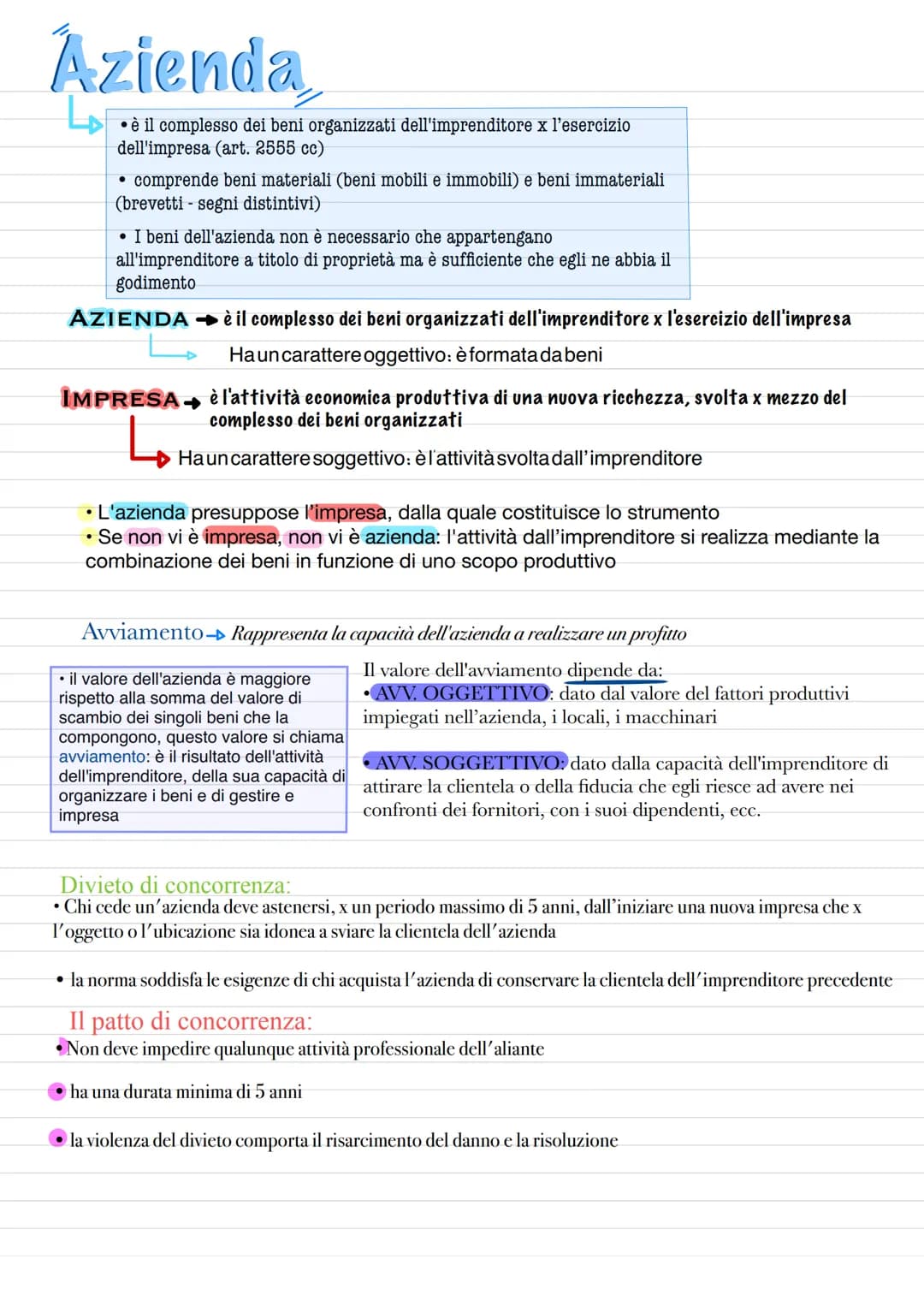 Azienda
•è il complesso dei beni organizzati dell'imprenditore x l'esercizio
dell'impresa (art. 2555 cc)
comprende beni materiali (beni mobi