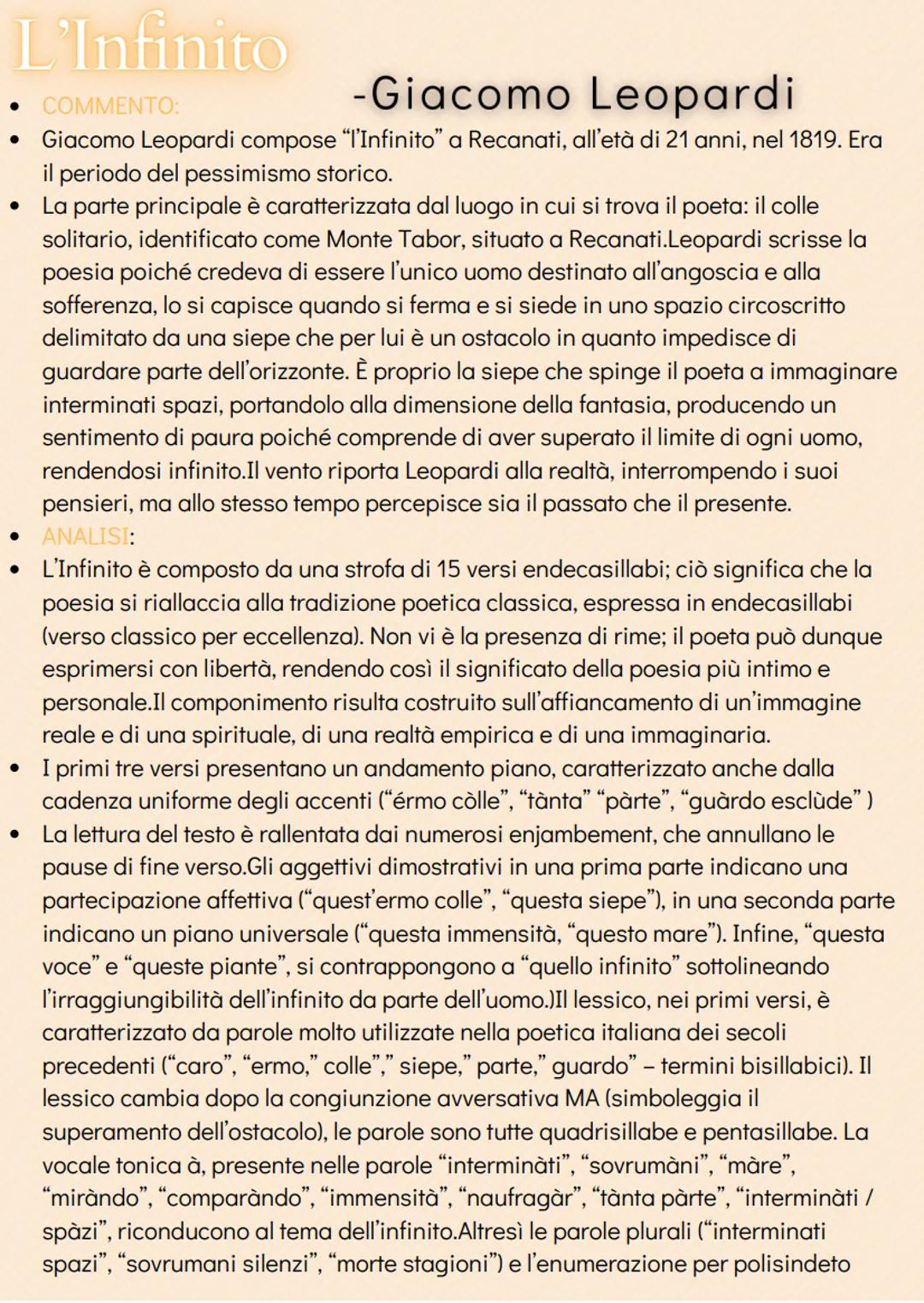 L'Infinito
-Giacomo Leopardi
● COMMENTO:
Giacomo Leopardi compose "l'Infinito" a Recanati, all'età di 21 anni, nel 1819. Era
il periodo del 