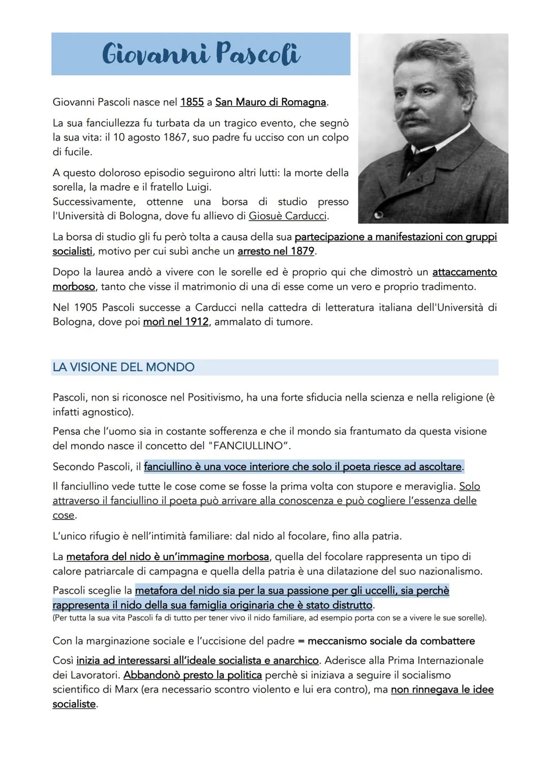 Giovanni Pascoli
Giovanni Pascoli nasce nel 1855 a San Mauro di Romagna.
La sua fanciullezza fu turbata da un tragico evento, che segnò
la s