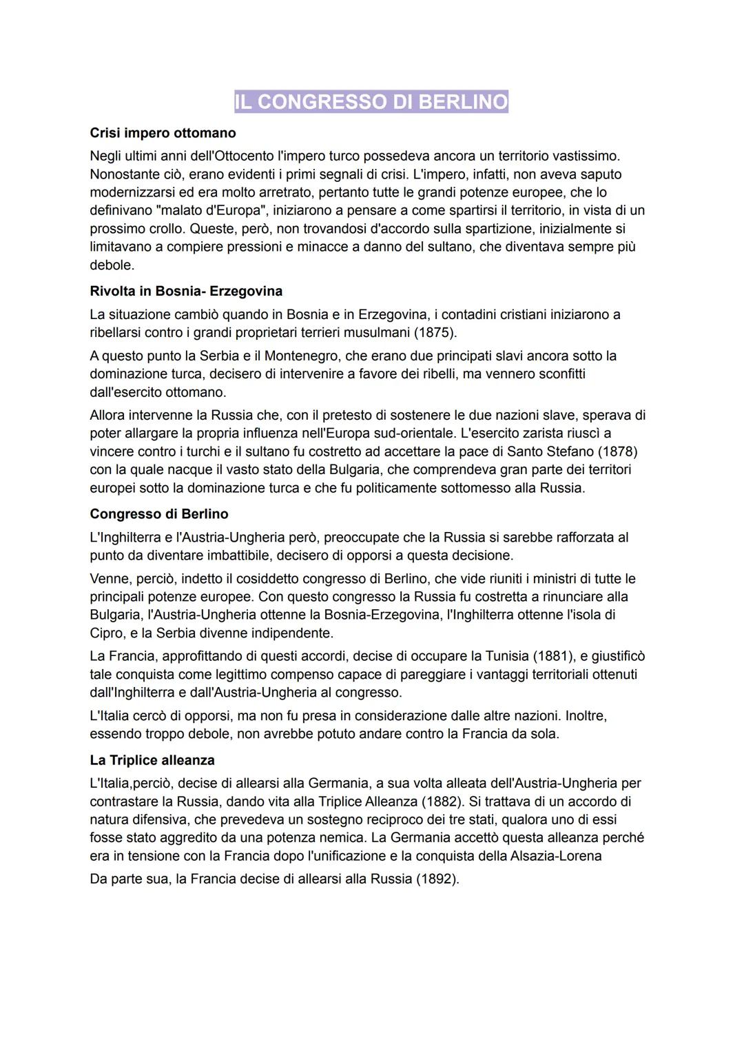 IL CONGRESSO DI BERLINO
Crisi impero ottomano
Negli ultimi anni dell'Ottocento l'impero turco possedeva ancora un territorio vastissimo.
Non