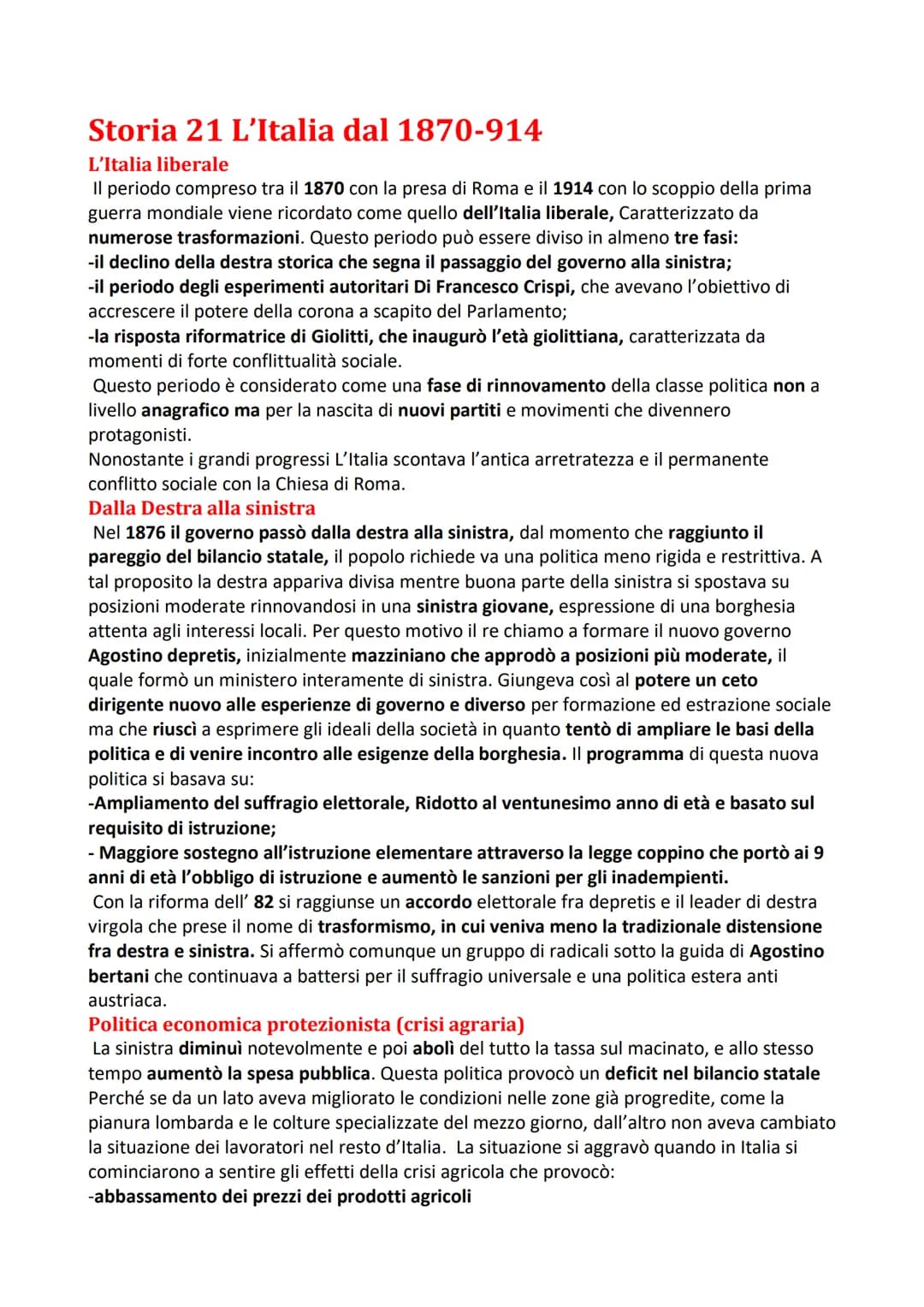 Storia 21 L'Italia dal 1870-914
L'Italia liberale
Il periodo compreso tra il 1870 con la presa di Roma e il 1914 con lo scoppio della prima
