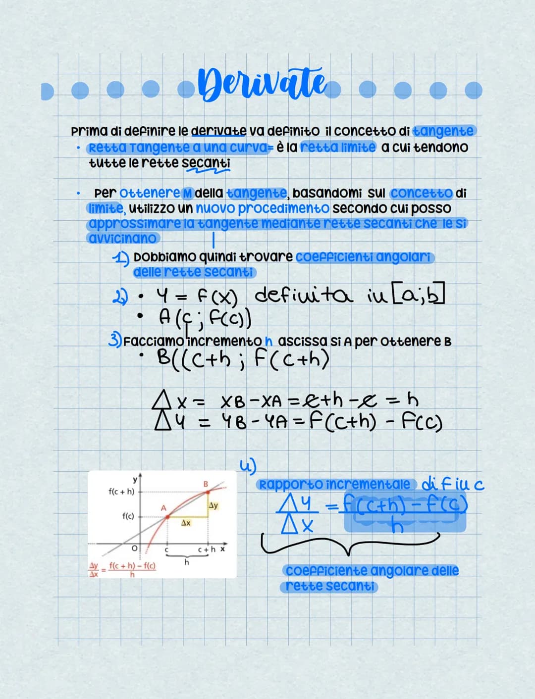 Derivate
Prima di definire le derivate va definito il concetto di tangente
Retta Tangente a una curva- è la retta limite a cui tendono
tutte