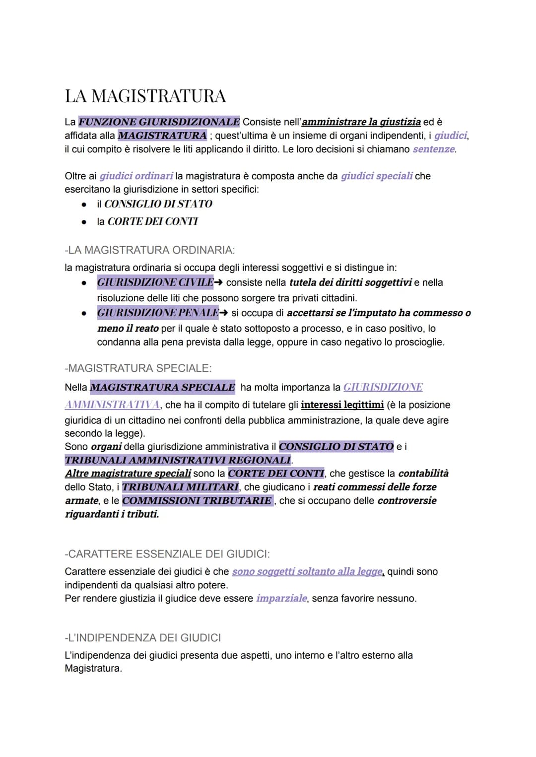 LA MAGISTRATURA
La FUNZIONE GIURISDIZIONALE Consiste nell'amministrare la giustizia ed è
affidata alla MAGISTRATURA ; quest'ultima è un insi