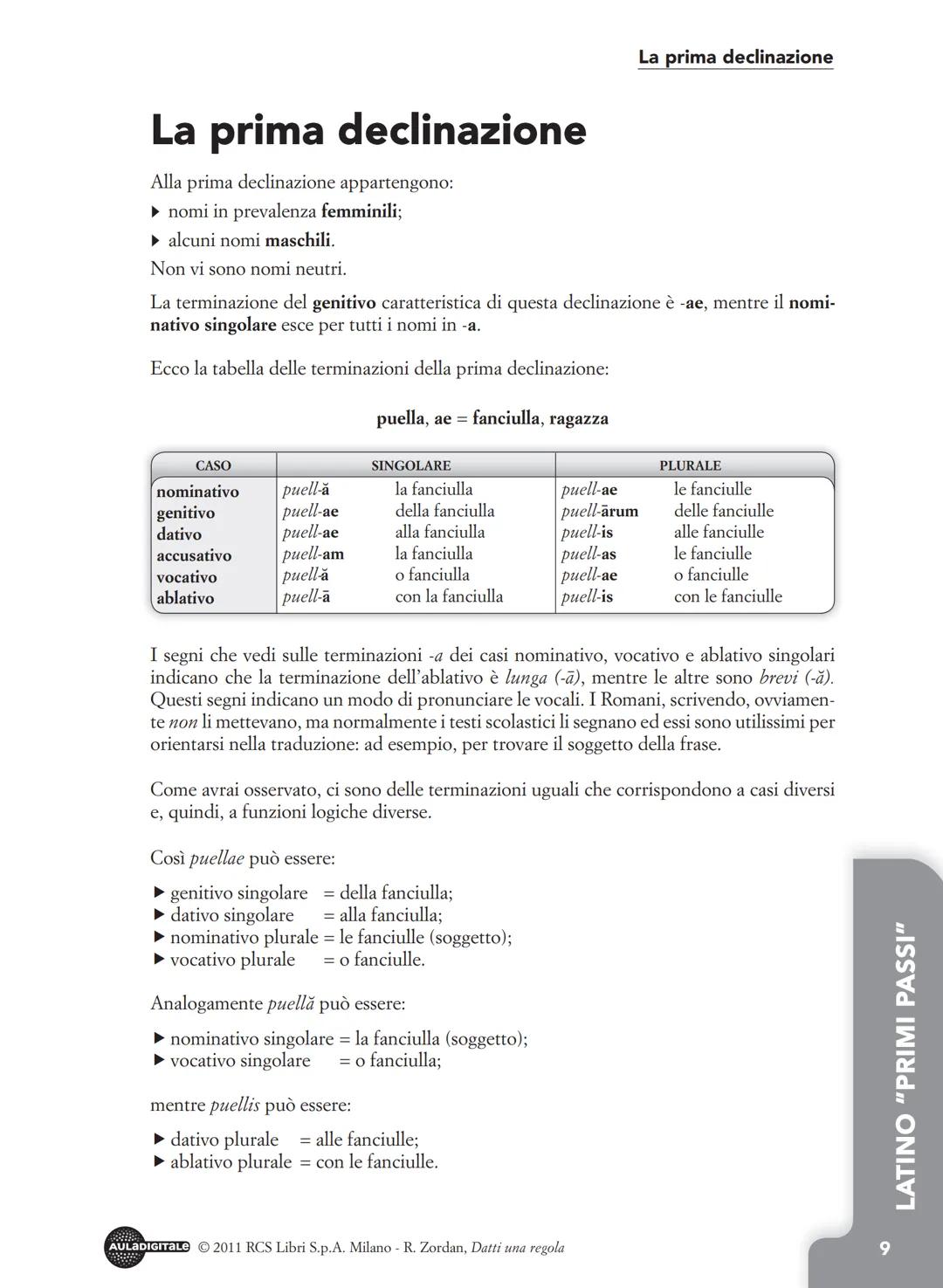 La prima declinazione
Alla prima declinazione appartengono:
► nomi in prevalenza femminili;
▸ alcuni nomi maschili.
Non vi sono nomi neutri.