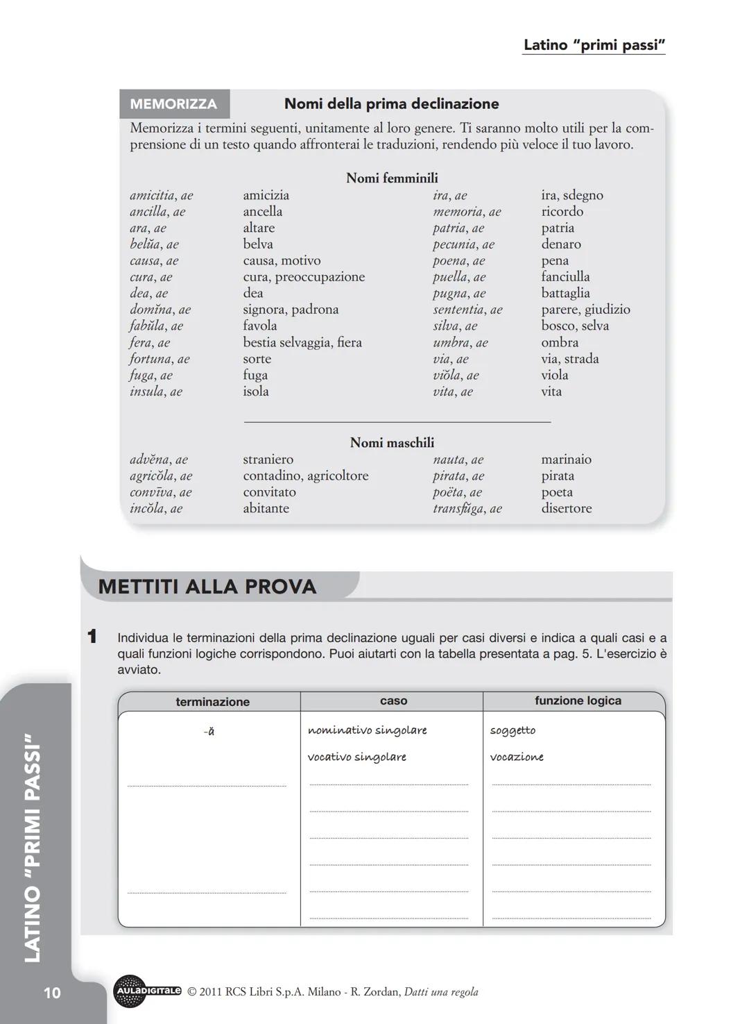 La prima declinazione
Alla prima declinazione appartengono:
► nomi in prevalenza femminili;
▸ alcuni nomi maschili.
Non vi sono nomi neutri.