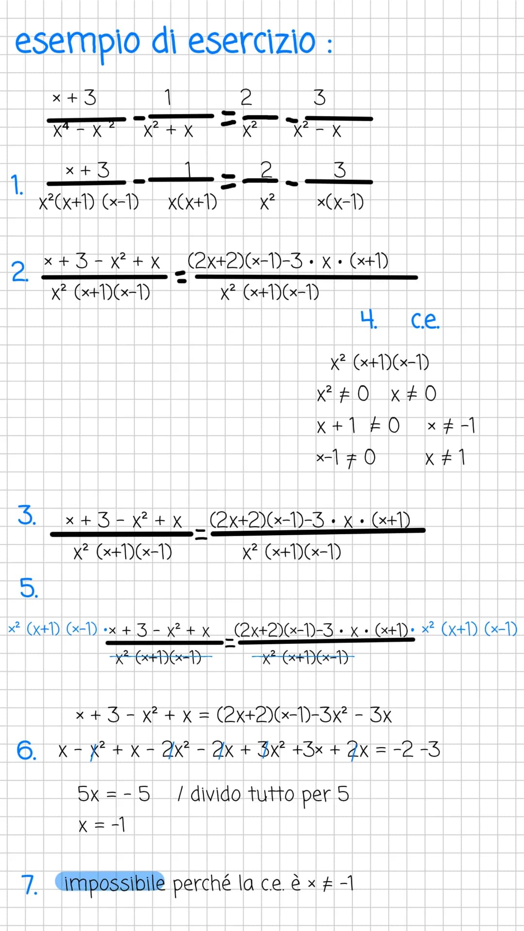 EQUAZIONI FRATTE
1. Scomporre i denominatori
2. Trovare il denominatore comune
3. Calcolare il nuovo denominatore
4. Eseguire le condizioni 