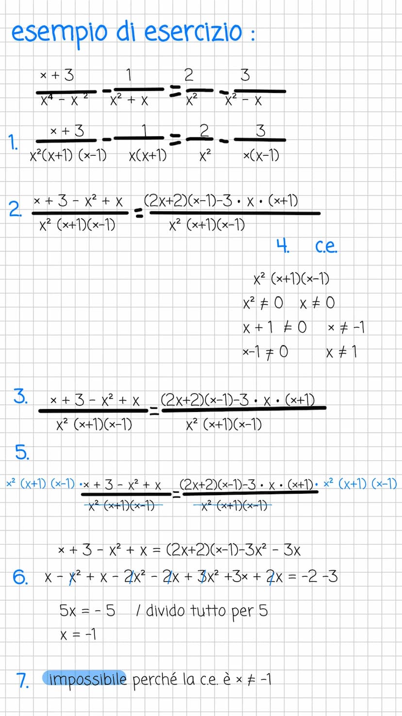 EQUAZIONI FRATTE
1. Scomporre i denominatori
2. Trovare il denominatore comune
3. Calcolare il nuovo denominatore
4. Eseguire le condizioni 