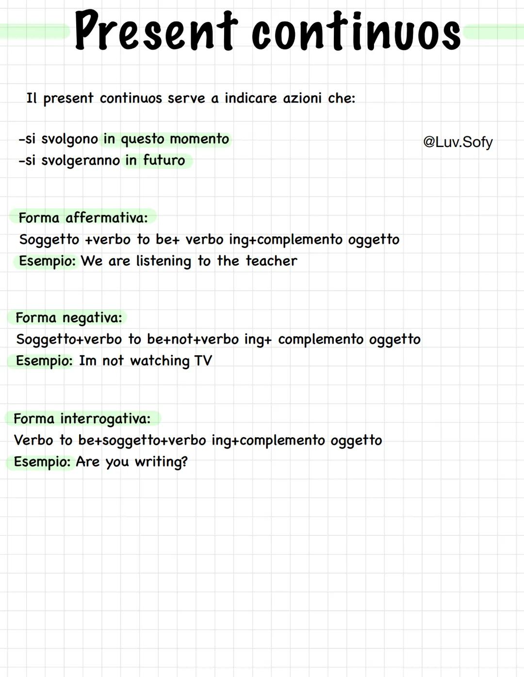 Present continuos
Il present continuos serve a indicare azioni che:
-si svolgono in questo momento
-si svolgeranno in futuro
Forma affermati