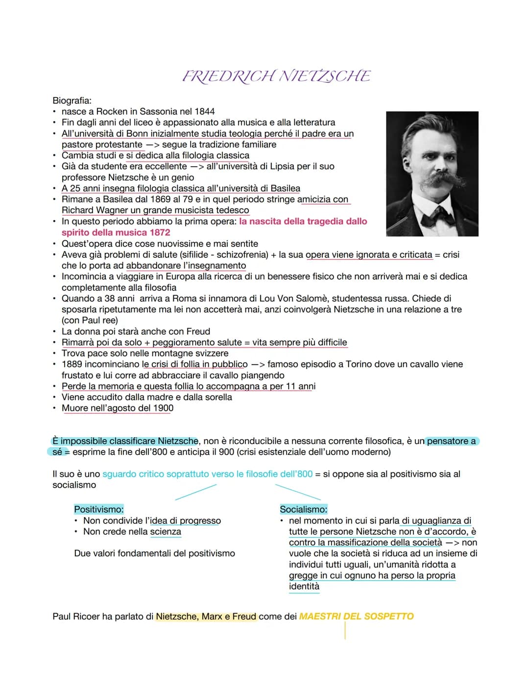 FRIEDRICH NIETZSCHE
Biografia:
nasce a Rocken in Sassonia nel 1844
• Fin dagli anni del liceo è appassionato alla musica e alla letteratura
