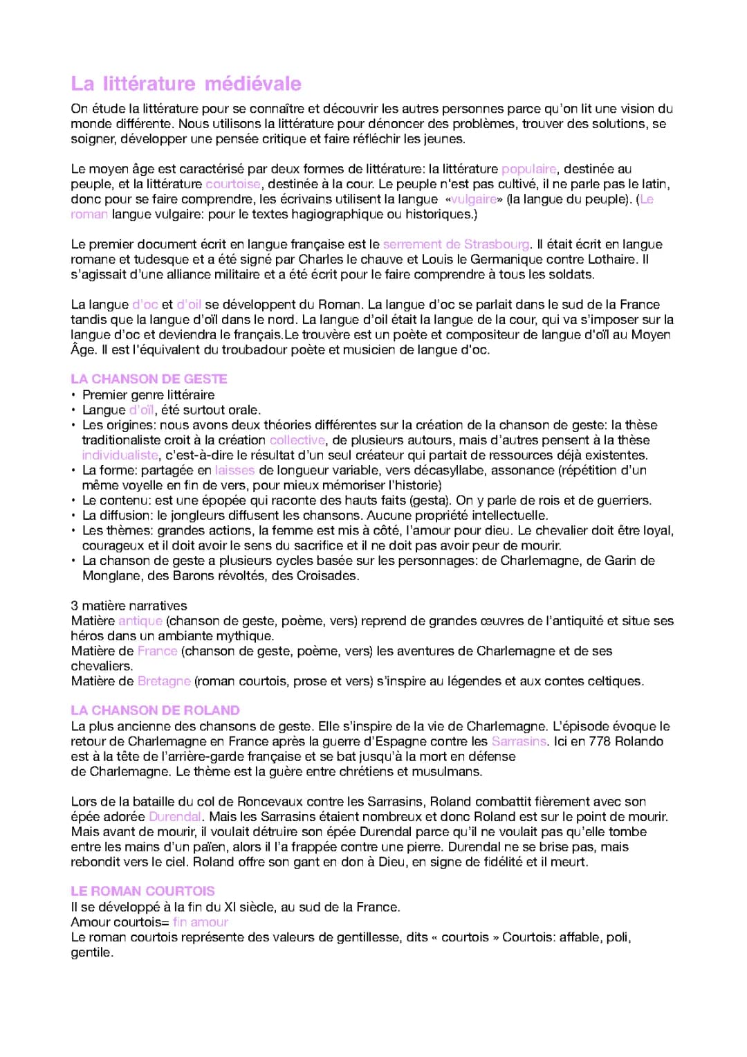 Résumé de la littérature française au Moyen Âge et son histoire