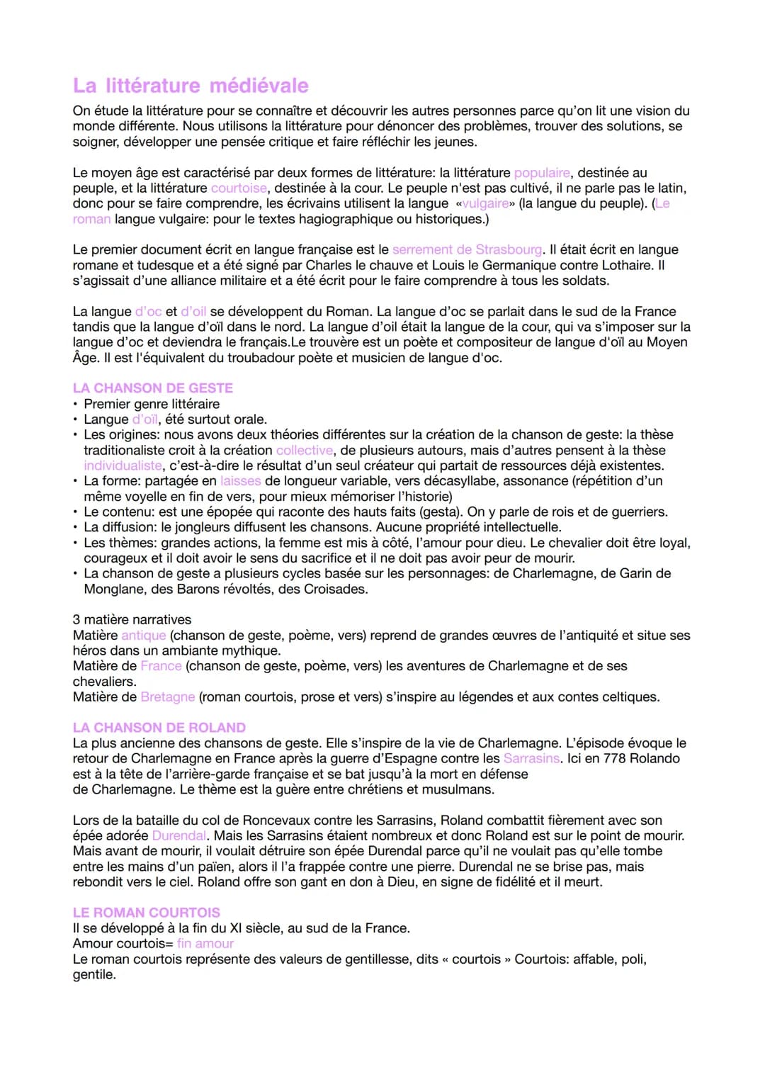 La littérature médiévale
On étude la littérature pour se connaître et découvrir les autres personnes parce qu'on lit une vision du
monde dif