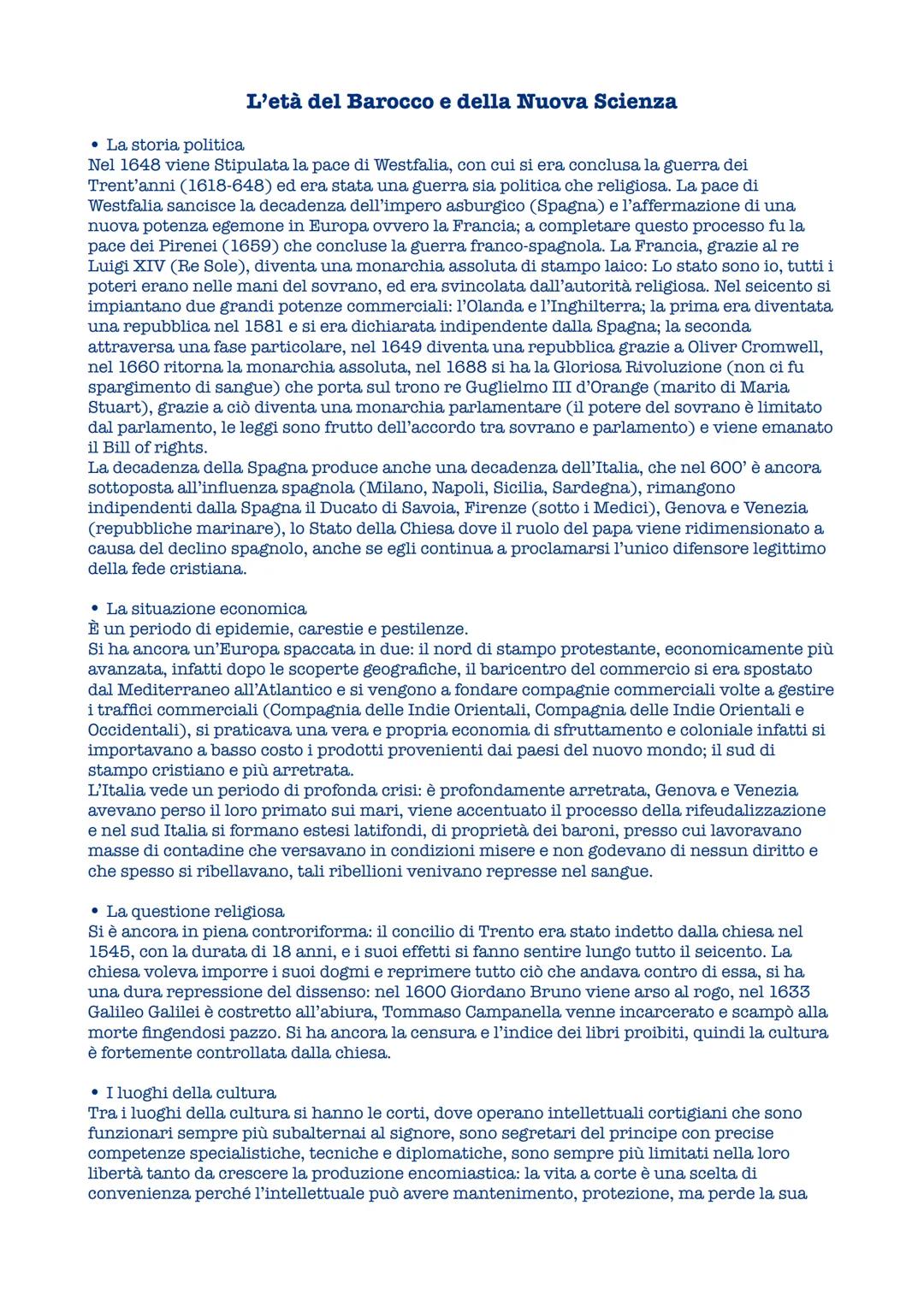 L'età del Barocco e della Nuova Scienza
• La storia politica
Nel 1648 viene Stipulata la pace di Westfalia, con cui si era conclusa la guerr