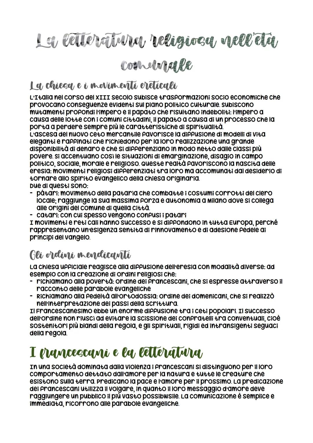La letteratura religiosa nell'eta
comhemale
La chiesa e i movimenti ereticali
L'Italia nel corso del XIII secolo subisce trasformazioni soci