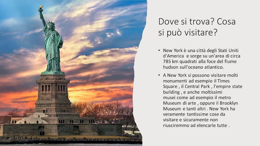 New York
455
NEVE
ANIVERSALA
dismi
DE BERC 2003
Dove si trova? Cosa
si può visitare?
●
New York è una città degli Stati Uniti
d'America e so