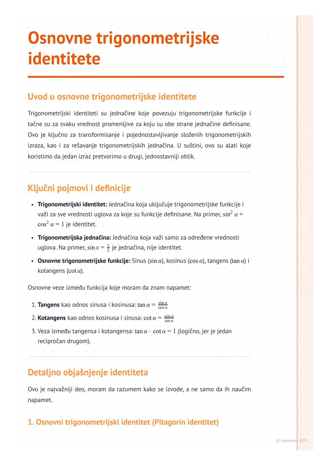# Osnovne trigonometrijske
identitete

Uvod u osnovne trigonometrijske identitete

Trigonometrijski identiteti su jednačine koje povezuju tr