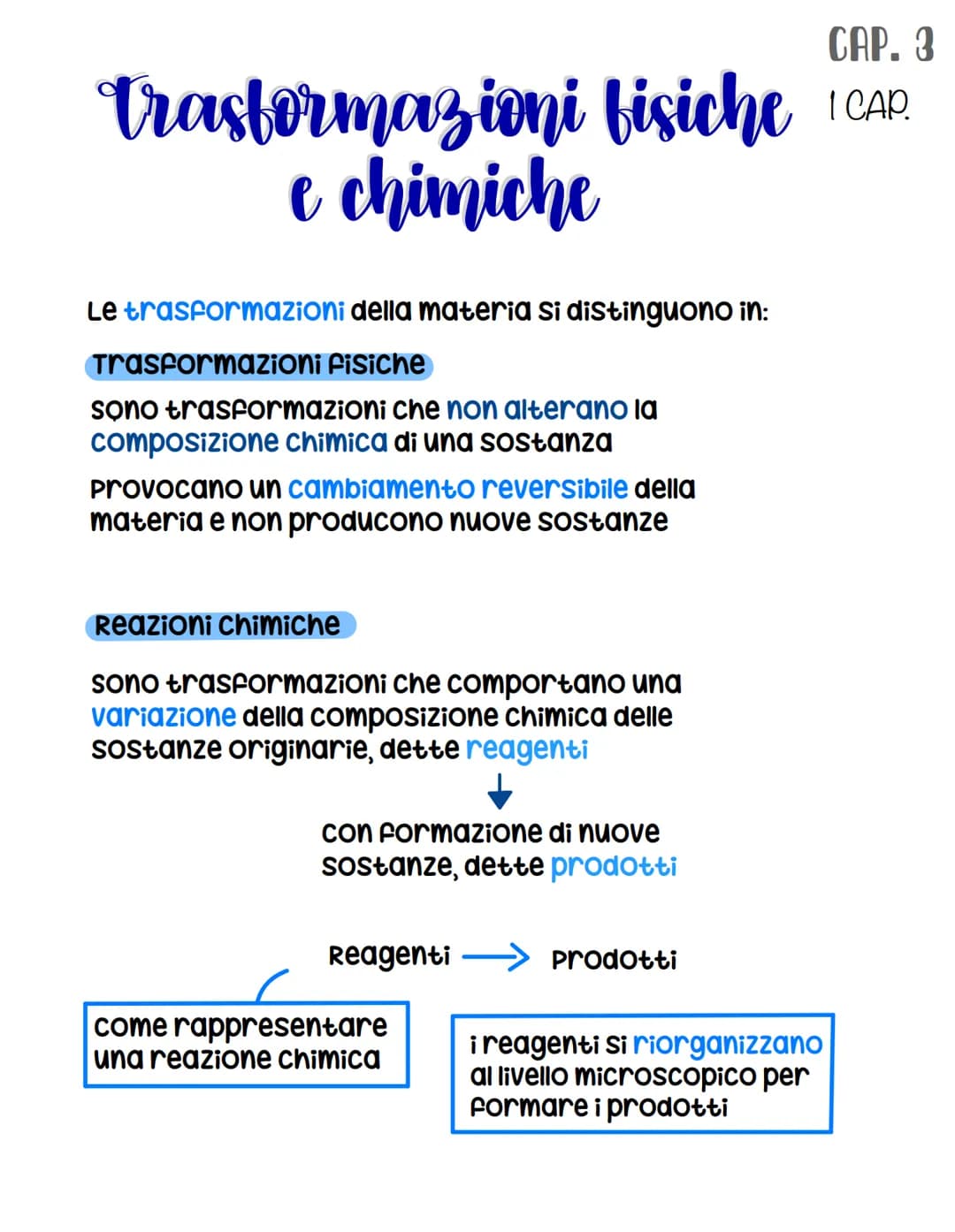 CAP. 3
CAP.
trasformazioni fisiche ICAR
e chimiche
Le trasformazioni della materia si distinguono in:
Trasformazioni fisiche
sono trasformaz