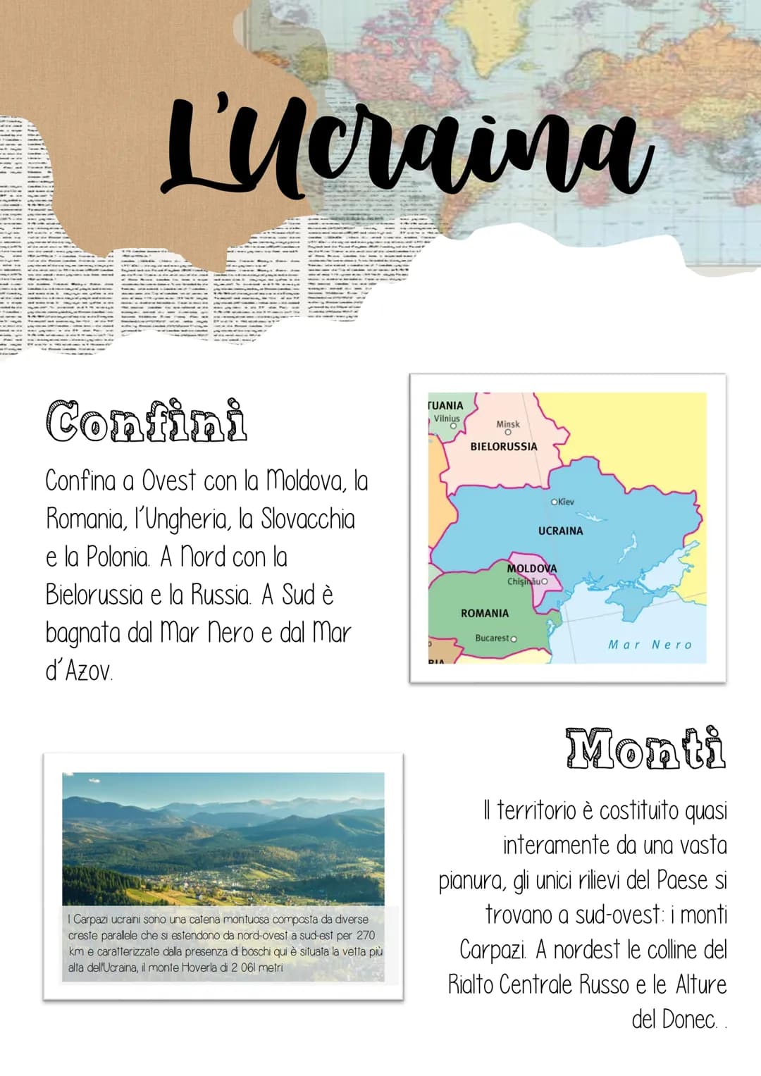 L'ucraina
Confini
Confina a Ovest con la Moldova, la
Romania, l'Ungheria, la Slovacchia
e la Polonia. A Nord con la
Bielorussia e la Russia.