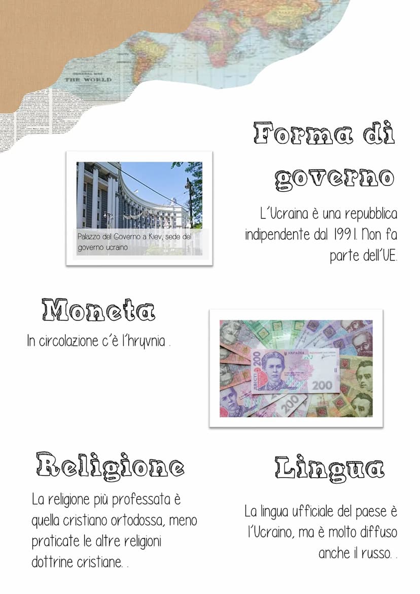 L'ucraina
Confini
Confina a Ovest con la Moldova, la
Romania, l'Ungheria, la Slovacchia
e la Polonia. A Nord con la
Bielorussia e la Russia.