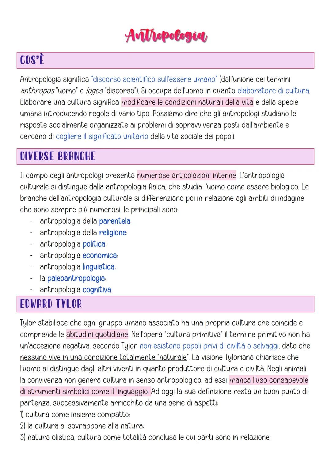 Antropologia
COS'È
Antropologia significa "discorso scientifico sull'essere umano" (dall'unione dei termini
anthropos "uomo" e logos "discor