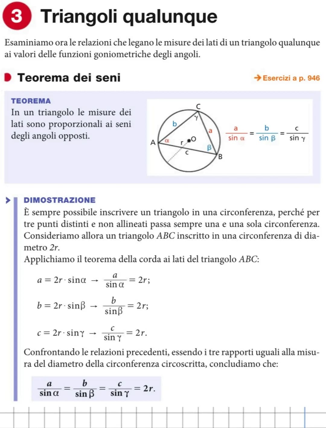 Triangoli rettangoli
Possiamo scrivere le proporzioni
BC: AB=PH: AP,
AC: AB=AH: AP,
e, poiché AP=1, PH = sina e AH = cosa,
otteniamo:
TEOREM