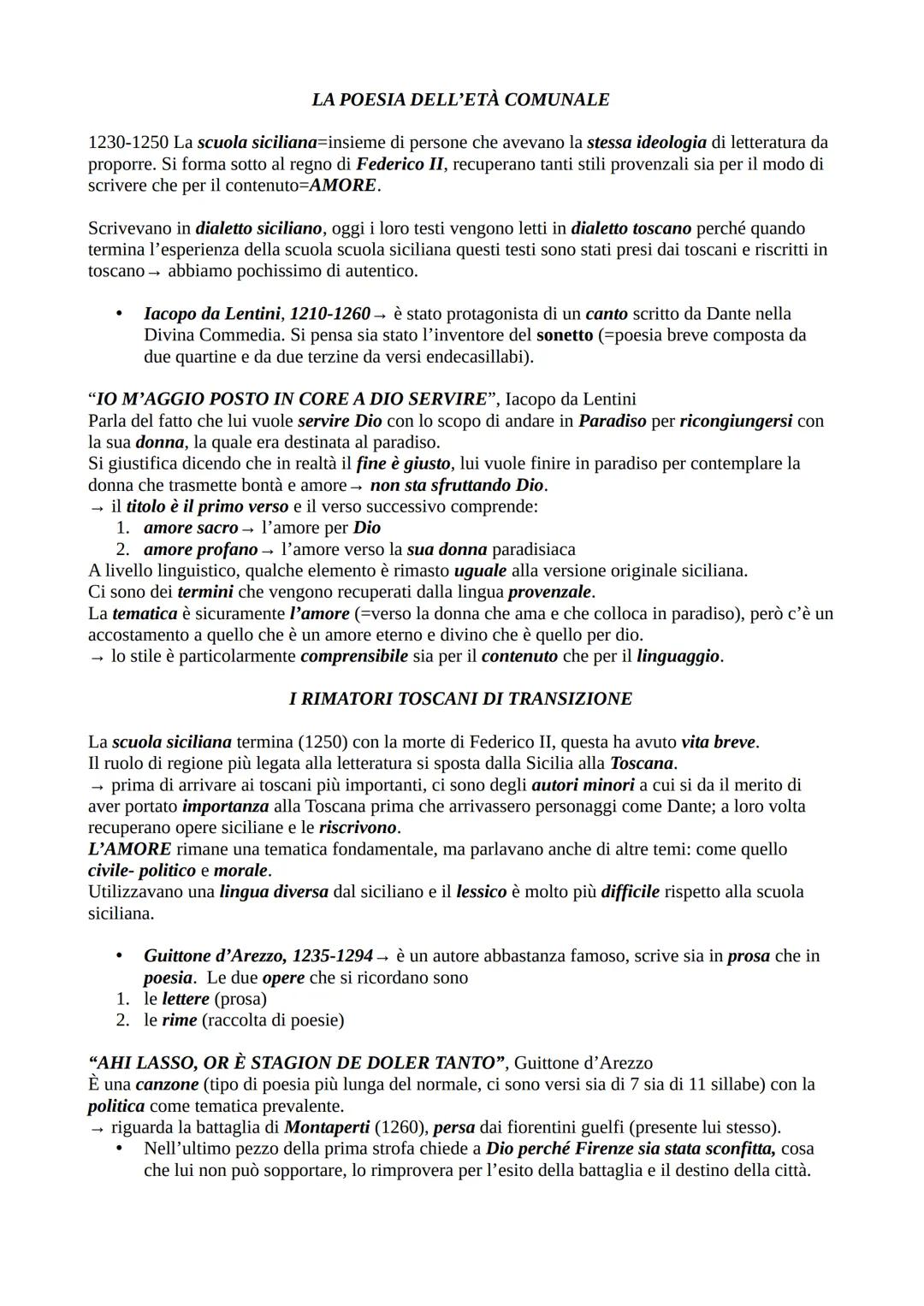 LA POESIA DELL'ETÀ COMUNALE
1230-1250 La scuola siciliana-insieme di persone che avevano la stessa ideologia di letteratura da
proporre. Si 