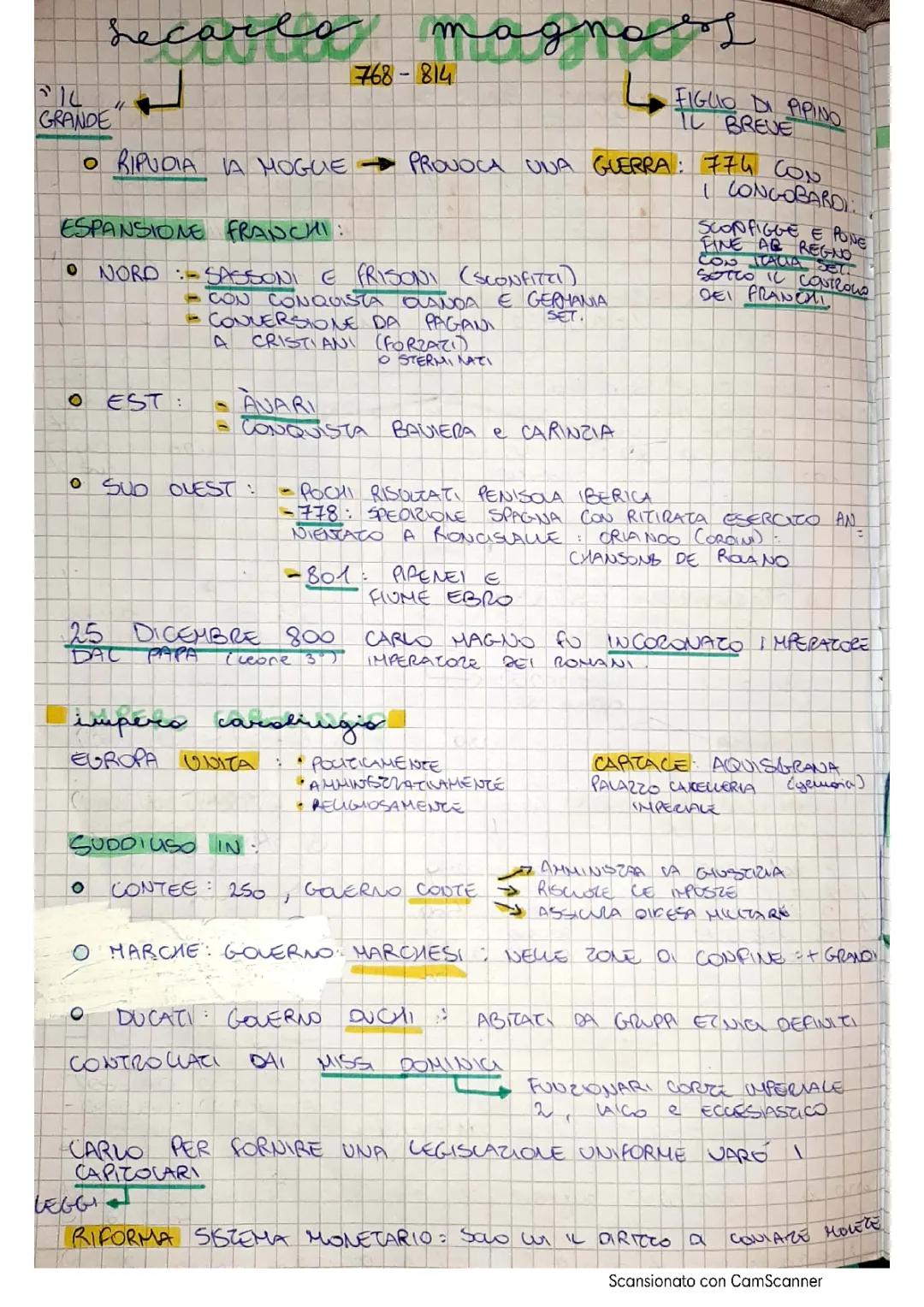 Carlo Magno e l'Impero Carolingio: Riassunto e Schema per Bambini