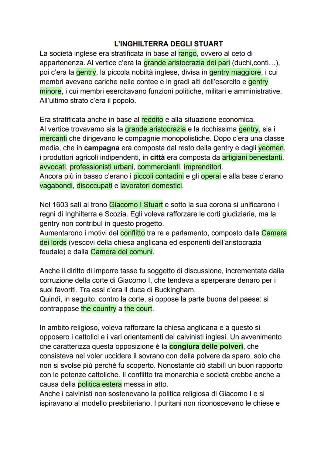 L'INGHILTERRA DEGLI STUART
La società inglese era stratificata in base al rango, ovvero al ceto di
appartenenza. Al vertice c'era la grande 