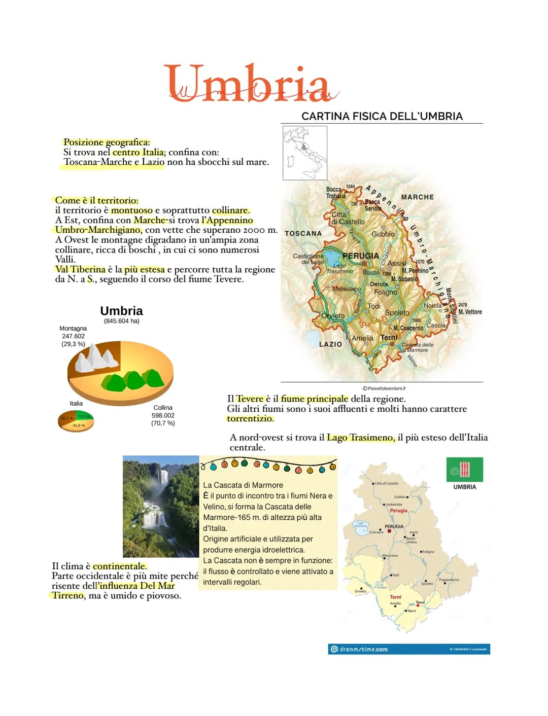Posizione geografica:
Si trova nel centro Italia; confina con:
Toscana-Marche e Lazio non ha sbocchi sul mare.
Umbria
Come è il territorio:

