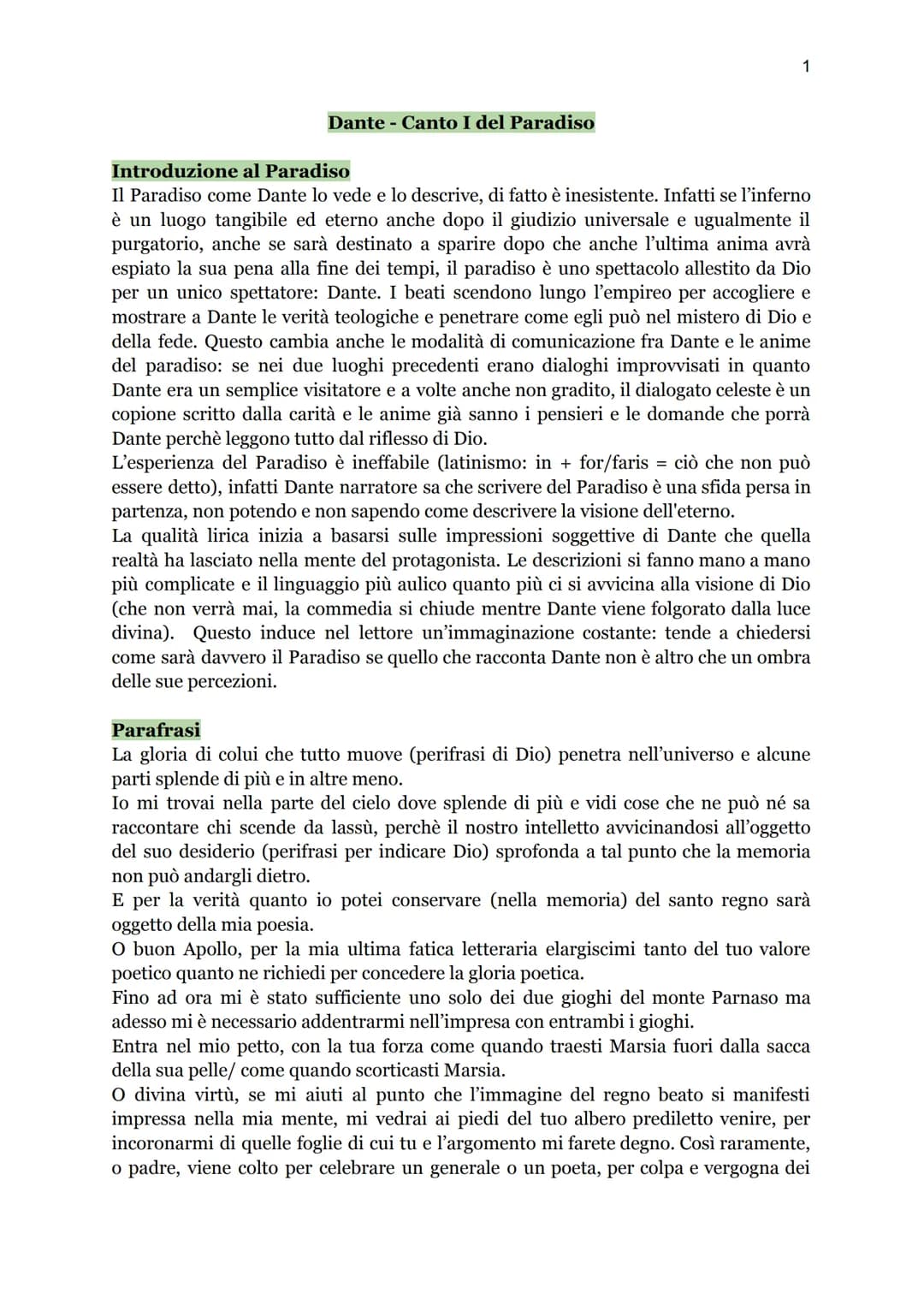 Dante Canto I del Paradiso
1
Introduzione al Paradiso
Il Paradiso come Dante lo vede e lo descrive, di fatto è inesistente. Infatti se l'inf