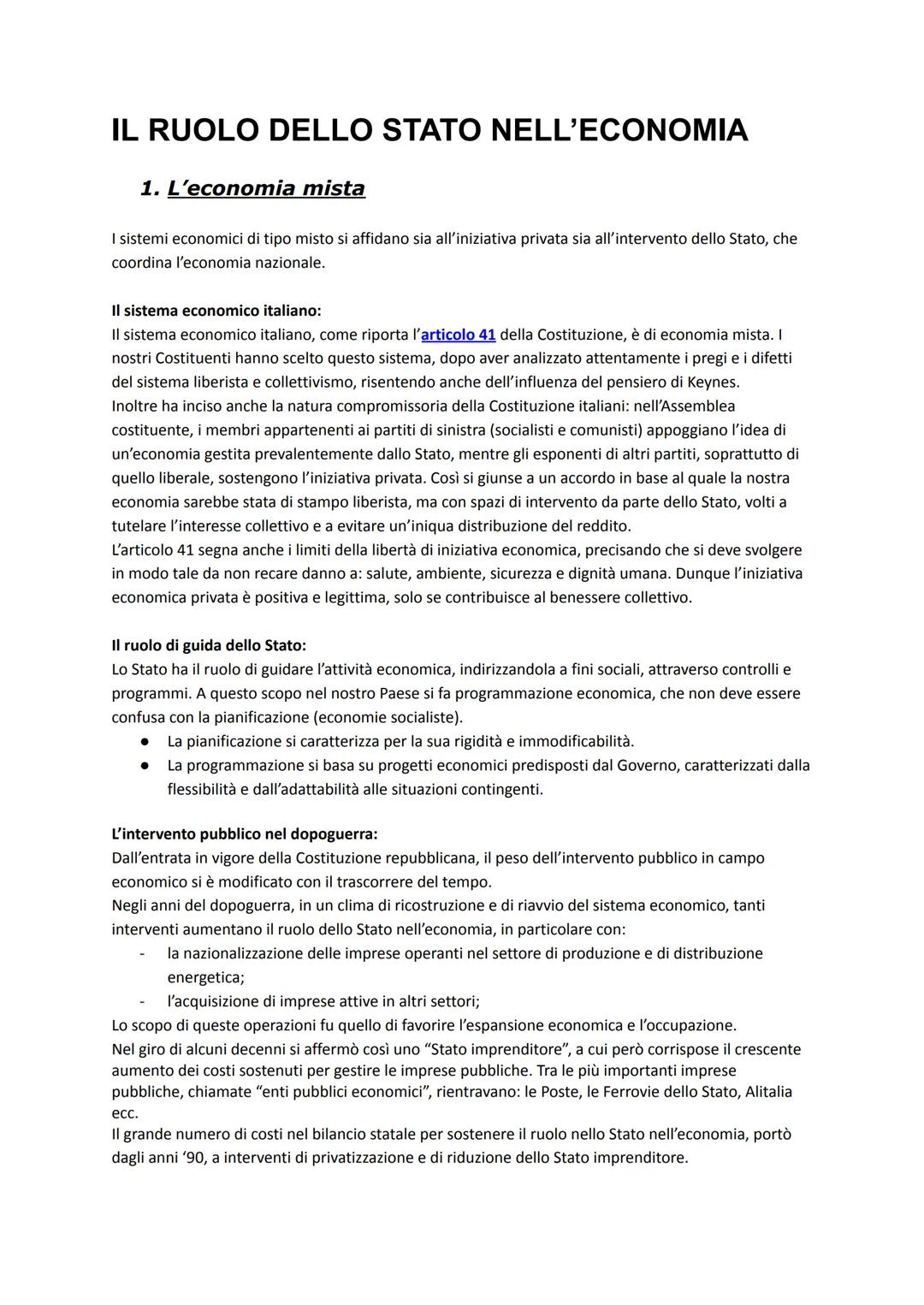 IL RUOLO DELLO STATO NELL'ECONOMIA
1. L'economia mista
I sistemi economici di tipo misto si affidano sia all'iniziativa privata sia all'inte
