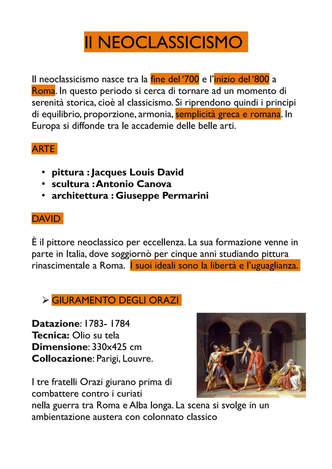 Il neoclassicismo nasce tra la fine del '700 e l'inizio del '800 a
Roma. In questo periodo si cerca di tornare ad un momento di
serenità sto